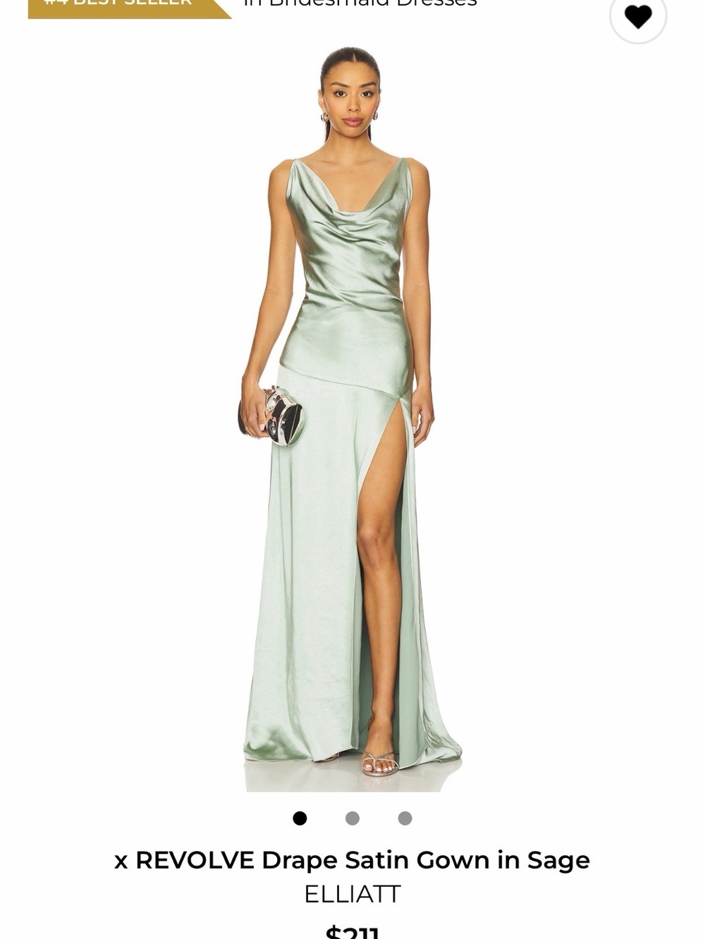 Elliatt Sage Satin Draped Cowl Maxi Gown with Slit from REVOLVE
